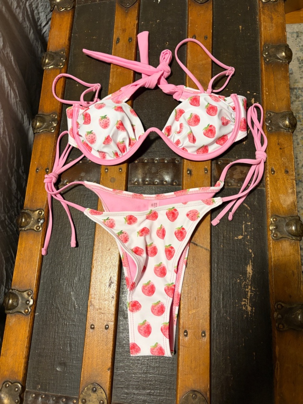 Strawberry Print Pink Trim Bikini Set